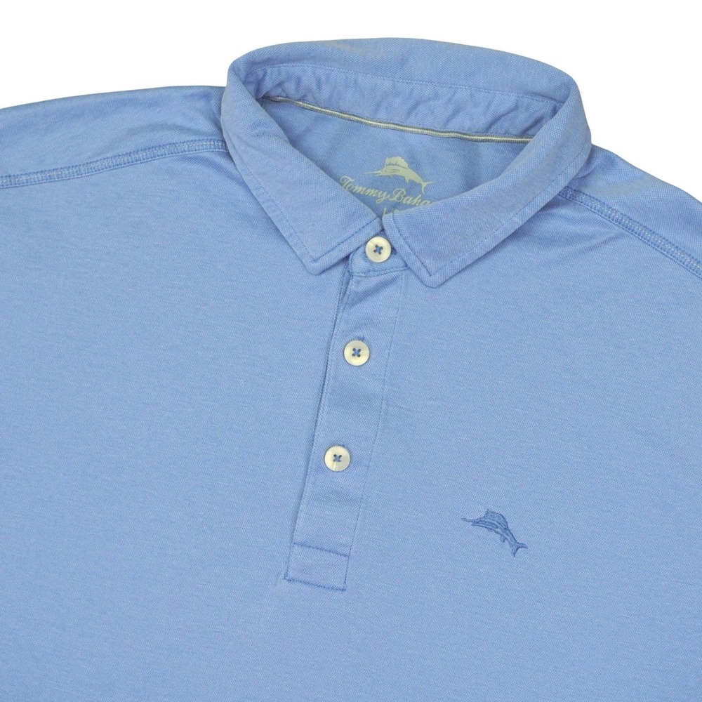 Tommy Bahama Polo Shirt Mens L Blue Short Sleeve Cotton Blend Marlin Island Soft